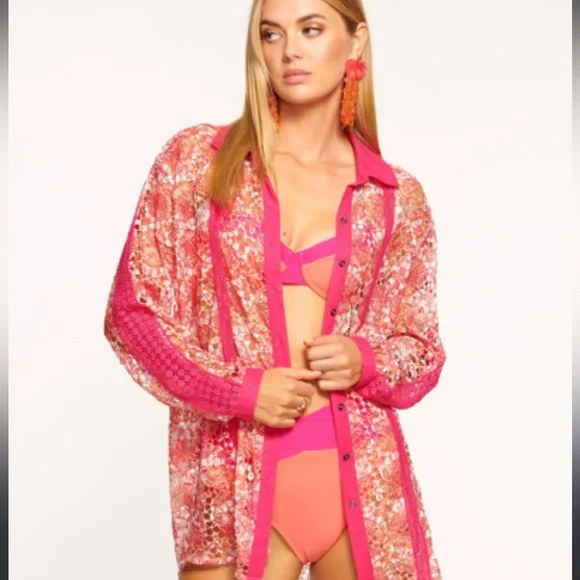 Ramy Brook Gary Princed Lace Swim Cover Up Shirt - Picture 1 of 8